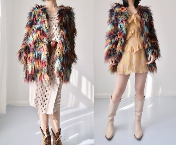 Faux fur colorful brown blue red green patched lo… - image 8