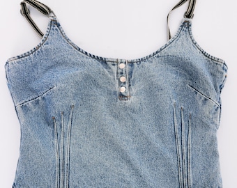 90s vintage denim spaghetti strap size L XL Jeanology jean corset top crop tank top washed blue grunge mod rock punk atheletic Y2k