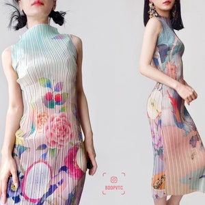 Digital antique print maxi tank slip pullover gown romantic pastel gradient pleated wrinkle colorful sheer grunge rainbow floral bodycon mod
