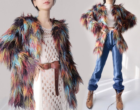 Faux fur colorful brown blue red green patched lo… - image 1