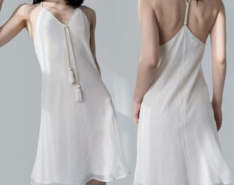 Maje silk gold white metal embroidered iridescent metallic chiffon light sheer layering veil gauze spaghetti slip dress mini flowy flowing