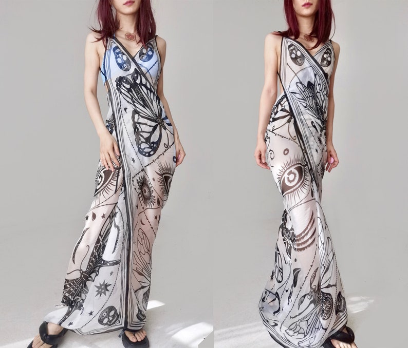 Alexander Mcqueen silk scarf remade dress goth maxi flowy see through wrap skull witch digital print black sheer tie up backless bikini slip image 8