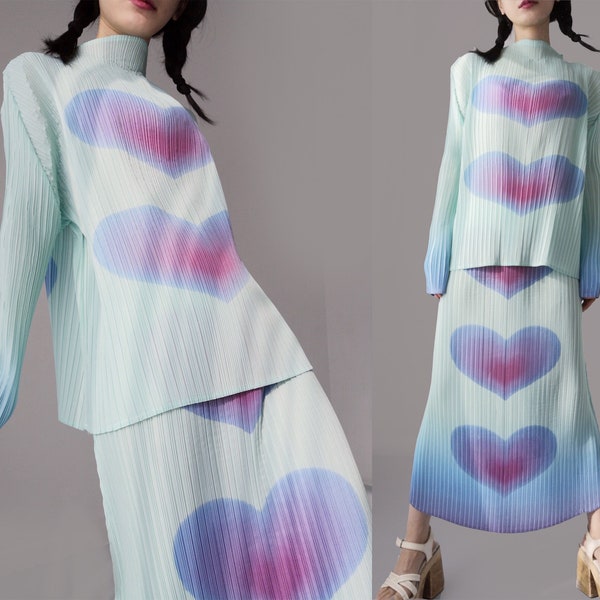 gradient seapunk turquoise seafoam pastel rainbow print ruched ruching wrinklle pleated designer suit abstract heart 2 piece novelty goth