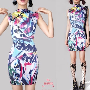 Grafitti arte impresión digital negro azul blanco cheongsam plisado sin mangas pegajoso vestido artístico vaporwave ruching clubkids delgado colorido 90s