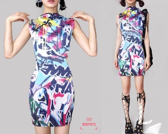 Grafitti art digital print black blue white cheongsam pleated sleeveless clingy dress artsy vaporwave ruching clubkids slim colorful 90s