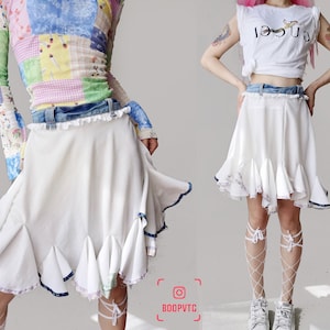 Novelty artsy ruffle flare swing skirt patched remade upcycled deconstructed knee mid length harajuku club kids artisanal grunge punk