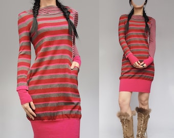 Marc Jacobs vintage fuschia stripe colorful deconstructed novelty knit sweater dress pink red merino wool silk patched soft red pink gray