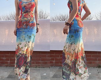 RARE vintage Jean Paul Gaultier Maille blue colorful floral print mesh maxi tank dress