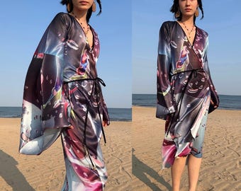 Kimono duster metallic abstract modern neon colorful harajuku pleated flowy grunge glam rock punk Y2k disco baby spice purple pink blue