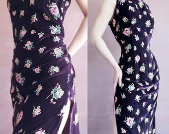 Dark burgundy wine red plum silk velvet cheongsam qipao chinoiserie antique Sz L XL floral glitter oriental chinoiserie sequin Y2k grunge