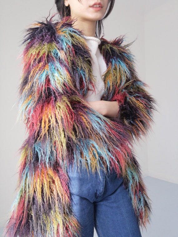 Faux fur colorful brown blue red green patched lo… - image 3
