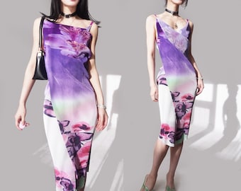 gradient purple green flower digital print spaghetti v neck slip wrap on dress mod retro avant garde ruched crinkle iridescent groovy cami