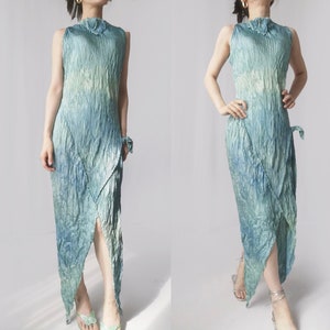 Emerald  wrinkle pleated metallic iridescent patched silk flowy dress flowing asymmetric slip bias cut tie plisse futuristic