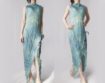 Emerald  wrinkle pleated metallic iridescent patched silk flowy dress flowing asymmetric slip bias cut tie plisse futuristic