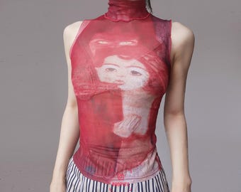 Cop Copine red face mesh turtleneck crop tank top tattoo sleeveless chemise see through net fairytale print fairy mod grunge Y2K glam