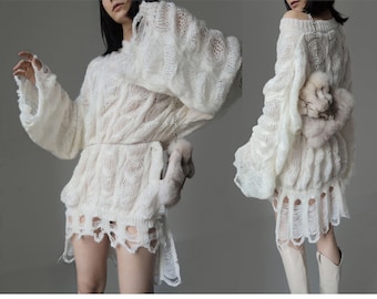 White net destroyed baggy goth gothic loose knit flare oversize fluff puffy sleeve sweater dress shag halloween hippie hipster boho mod