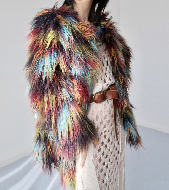 Faux fur colorful brown blue red green patched lo… - image 4