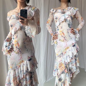 Jean Paul Gaultier rosa Maille Netz Kleid Engel Digitaldruck Rüschen Schichtung