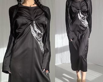 Maxi kaftan dress oversize overall hand embroidered silk black maxi deconstructed flowy  victorian cat kitten draped flowing sleepwear