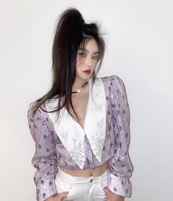 glossy purple floral victorian blouse puff bishop