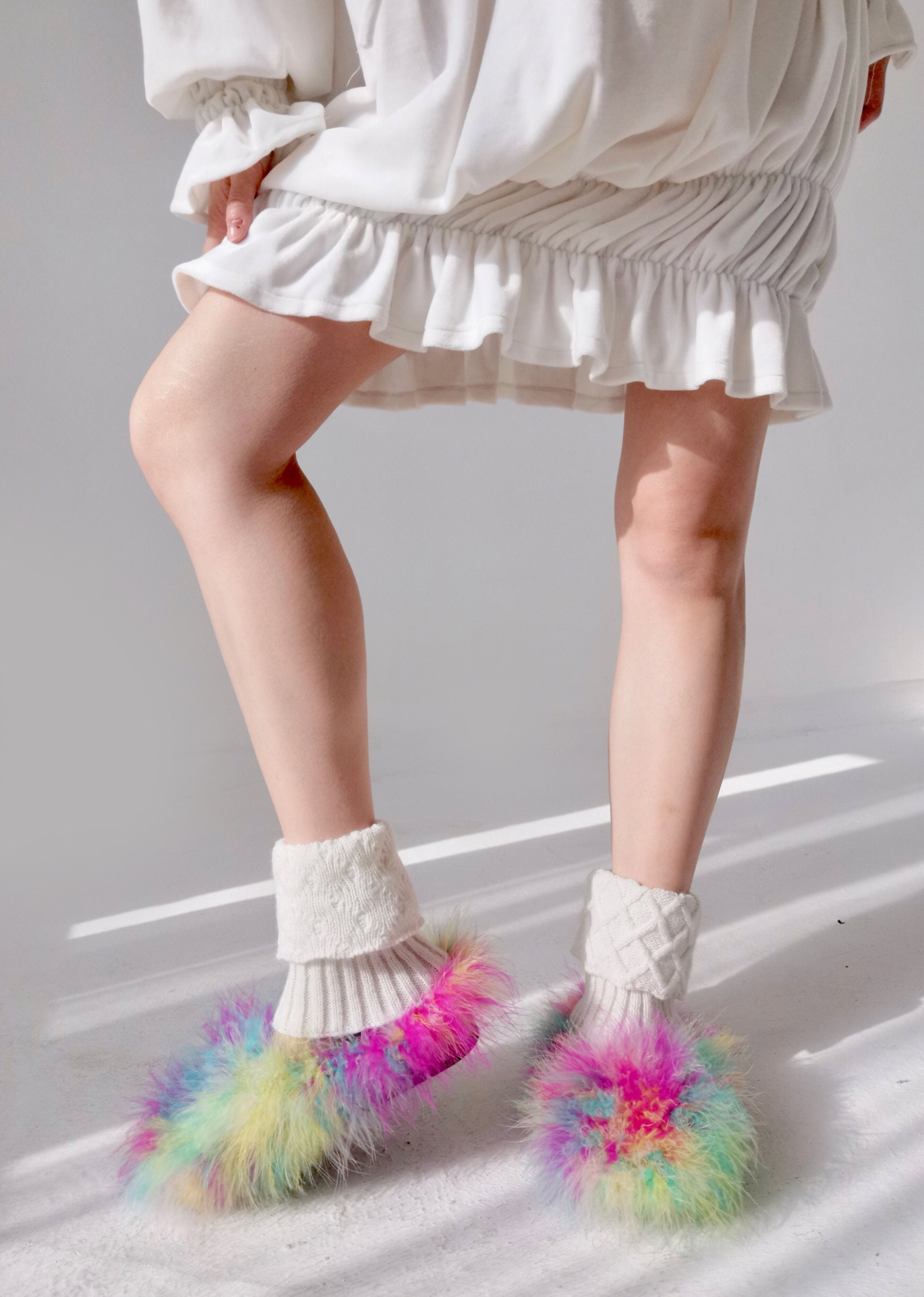 Ostrich Fur Fuzzy Rainbow Fluffy Colorful Novelty Slipper