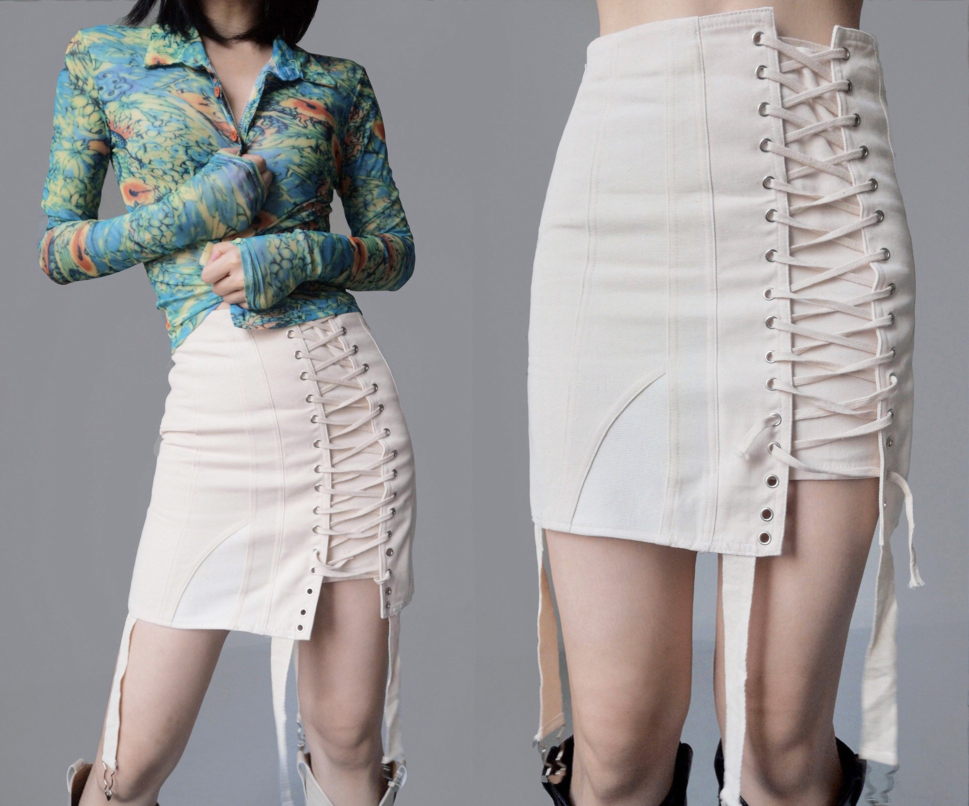 Beige Bondage Lingerie Corset Sheath Tight Skirt Ercu Linen