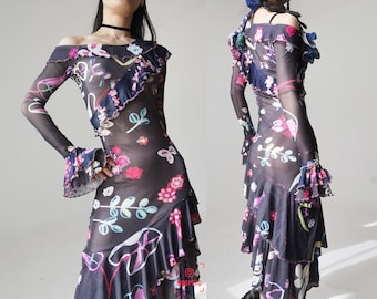 Gypsy soft mesh sheer dress ruffle flounce sleeve black colorful flower print asymmetric layering