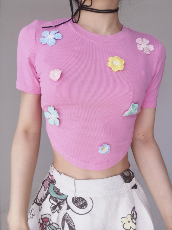 pink crop mini short sleeve top flower floral emb… - image 2