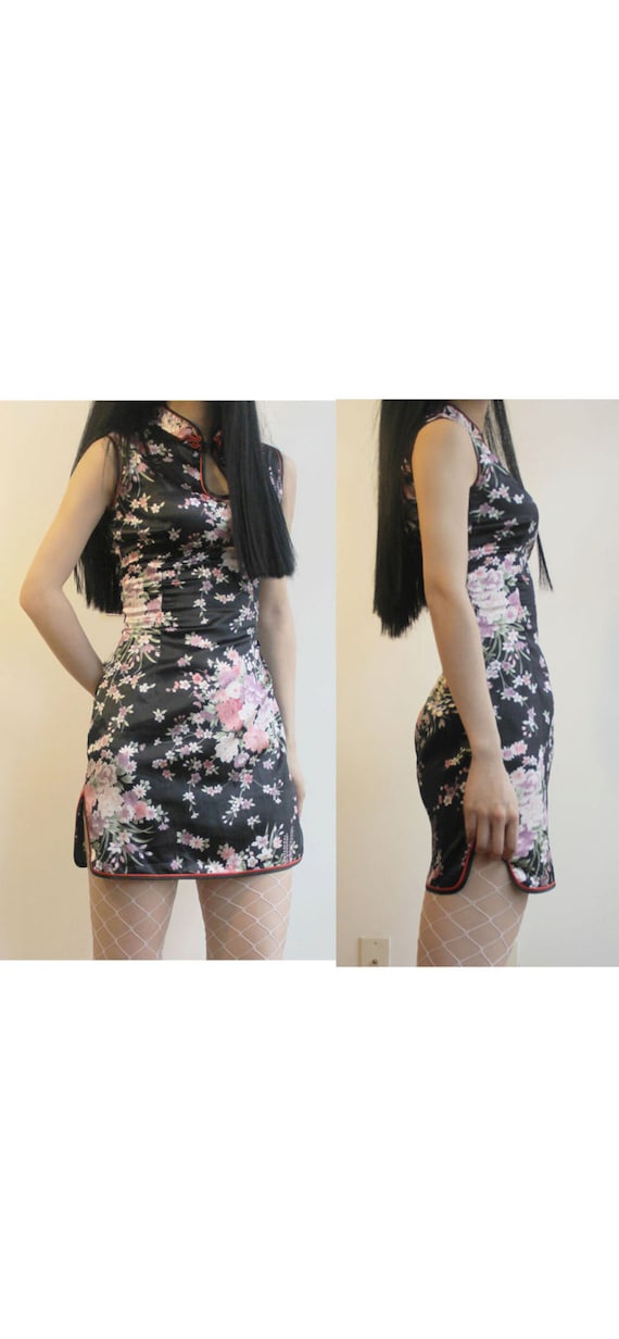 Chinese Asian Oriental floral black silk satin che