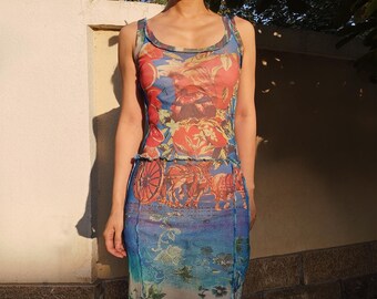 RARE vintage Jean Paul Gaultier Maille mini robe débardeur en résille à imprimé floral coloré bleu