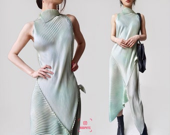 Emerald light pale green wrinkle pleated metallic iridescent patched silk flowy dress flowing asymmetric slip bias cut tie plisse futuristic