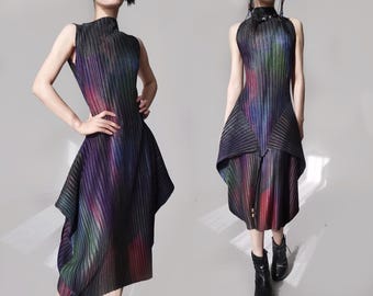 Issey Miyake dark plum witchy maxi pleats please folded pannier dress purple gradient galaxy metallic