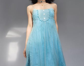 Light baby blue silk turquioise fairy spagheti slip lace see through sheer silk gauze layer flowy shell button dress girly XS princess