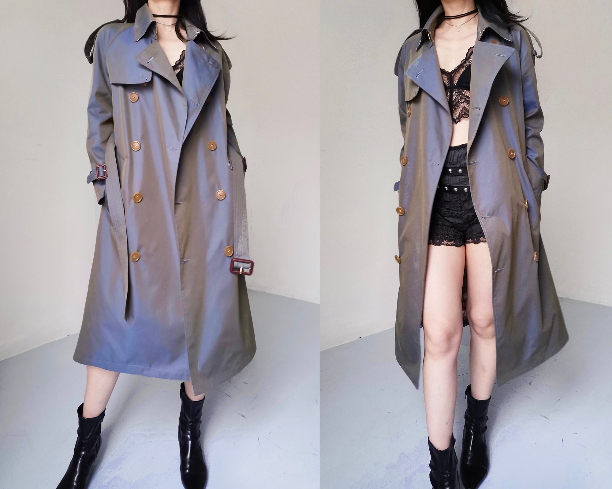 Iridescent Blue Maxi Trench Coat: Unisex Oversize Military