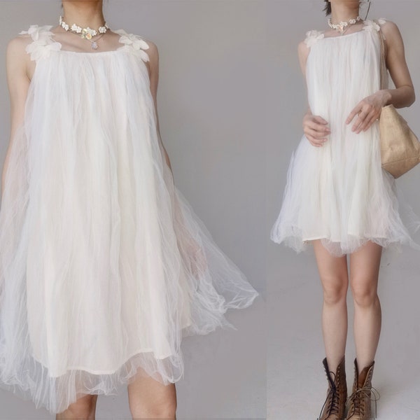 White layering cake veil floral flower embroidered strap swing sheer tulle tunic dress fairy baby jane dreamy princess