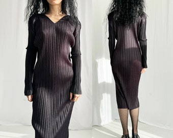 Issey Miyake Pleats Please black minimal dress long sleeve V neck lbd classic midi slip formal