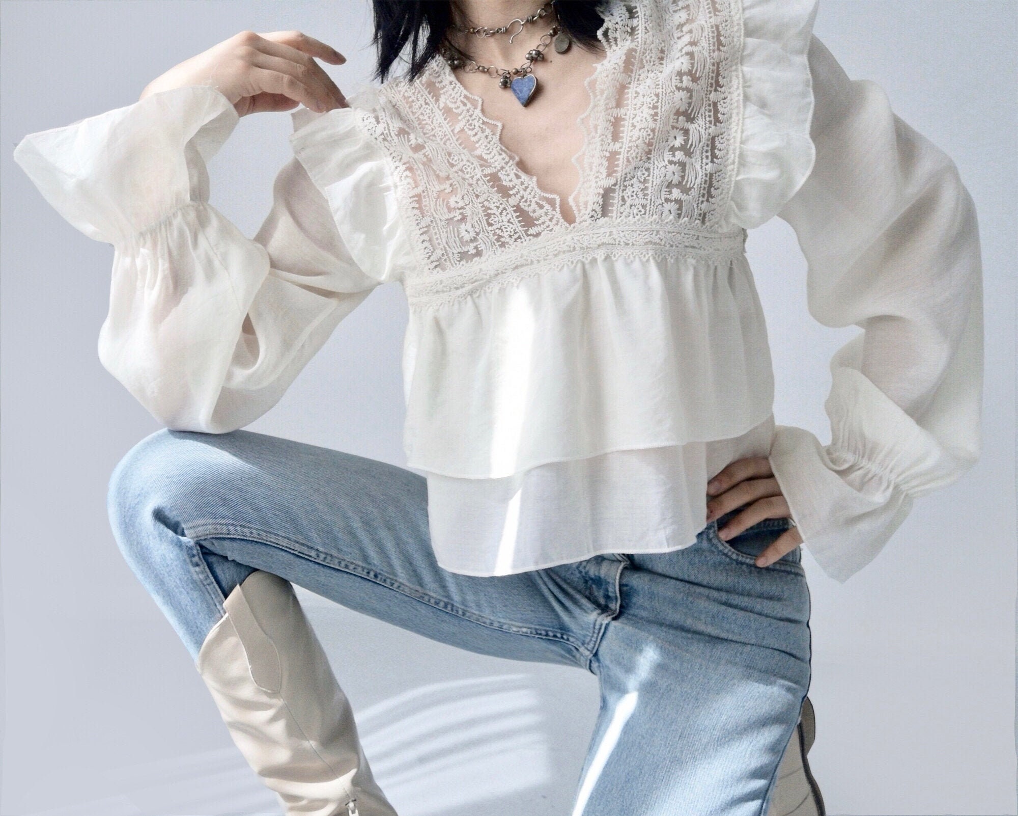 sheer over flare blouse（ivory） Gigi Sheer Feather Blouse - Ivory | FEATHER TOPS | bubish