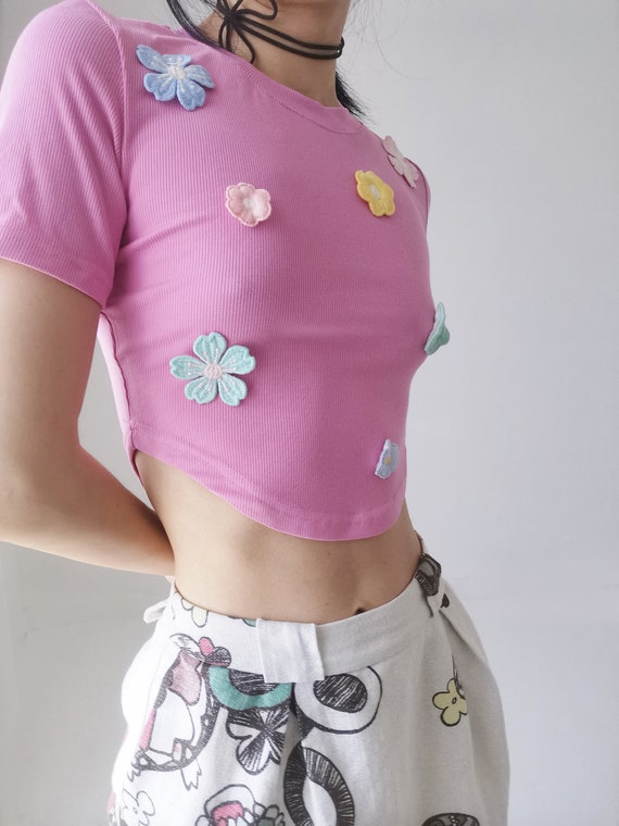 pink crop mini short sleeve top flower floral emb… - image 5