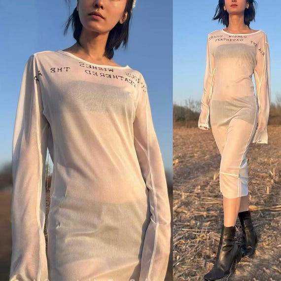 Ann Demeulemeester, Ann Demeulemeester knit maxi kaftan dress oversize overall white sheer flowy long sleeve