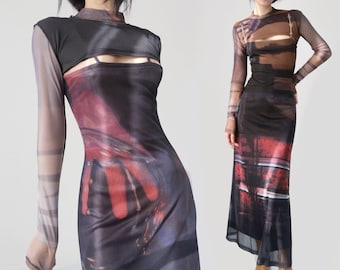 Abstract art artsy avant garde ooak burgundy brown black red spaghetti metal chain strap maxi see through mesh sheer vivienne