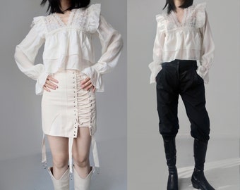 sheer over flare blouse（ivory） Victorian Silky White Cream Ivory See Through Lace Mesh
