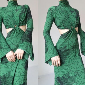 Green goth witchy witch emo spider net print velvet embroidered rive gauche rock punk hollow out knee dress deconstruced bodycon slim clingy