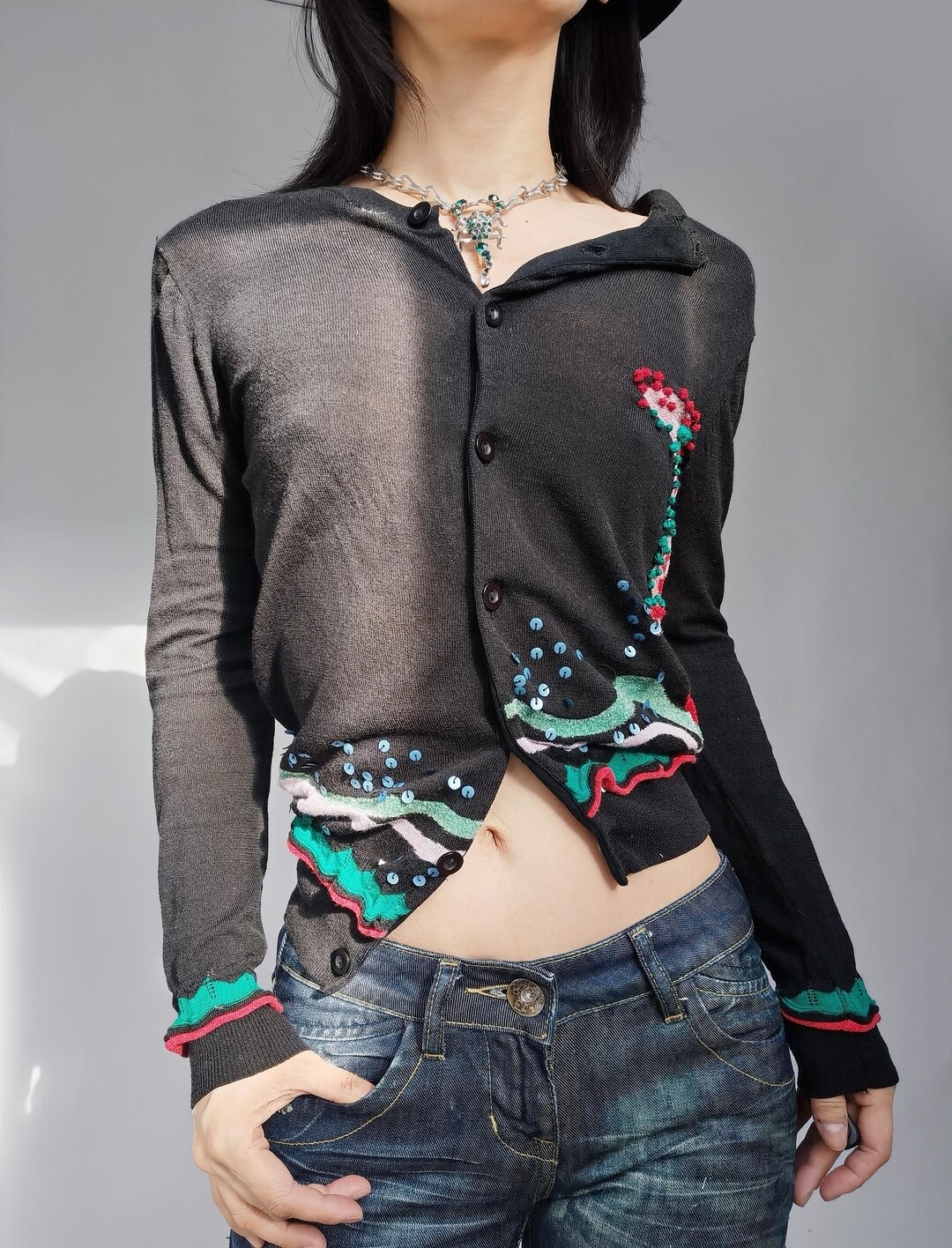 Vintage Jc De Castelbajac novelty embellished sequin embroidered ooak ruffle frill black knit sweater cardigan colorful applique