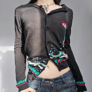 Vintage Jc De Castelbajac novelty embellished sequin embroidered ooak ruffle frill black knit sweater cardigan colorful applique