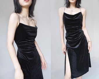 Black lbd spaghetti thin strap sexy thigh split midi little black slip dress knee length slinky cowl V neck draped velvet iridescent flowy