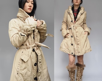 Ecru light eggshell yellow khaki bow tie pannier quilted trench swing coat puffy tapestry narrow waist bishop sleeve large collar V neck