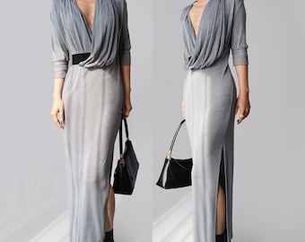 Silver ruched knit metallic greek goddess drapery maxi deep V cleavage shimmer metallic silky slit dress cocktail party classic elegant