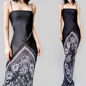 black pleated spaghetti strap ruched maxi slip patched Y2K Digital print backless silky hippie paisley mod shiny grunge black white western