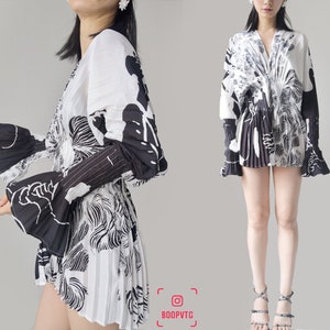 abstract digital art black white ink print ukiyoe ruched pleated  bell flounce sleeve v neck blouse