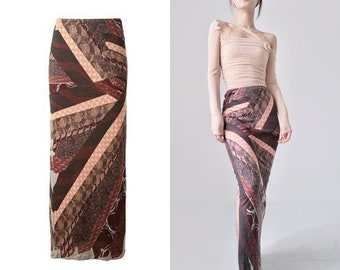 Jean Paul Gaultier  brown  knit maxi skirt high waist with geometric tie print